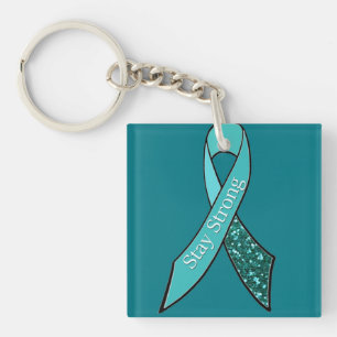 Teal Ovarian Cancer Awareness Ribbon and Butterfly Key Ring