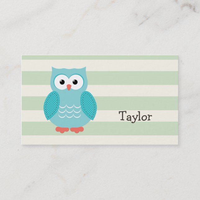 Teal Owl on Pastel Green Stripes Business Card (Back)