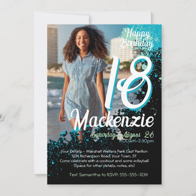 Teal Paint Splatter Photo 18th Birthday Invitation (Front)
