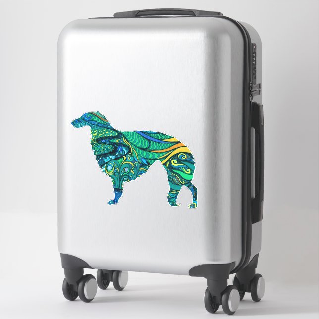 Teal Painted Borzoi Die Cut Vinyl Sticker (Suitcase)