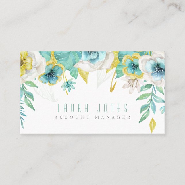 Teal Painted Floral Hair Stylist Appointment Cards (Front)
