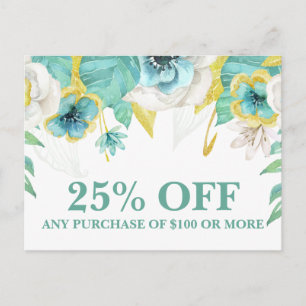 Teal Painted Floral Marketing Promotions Sale Postcard