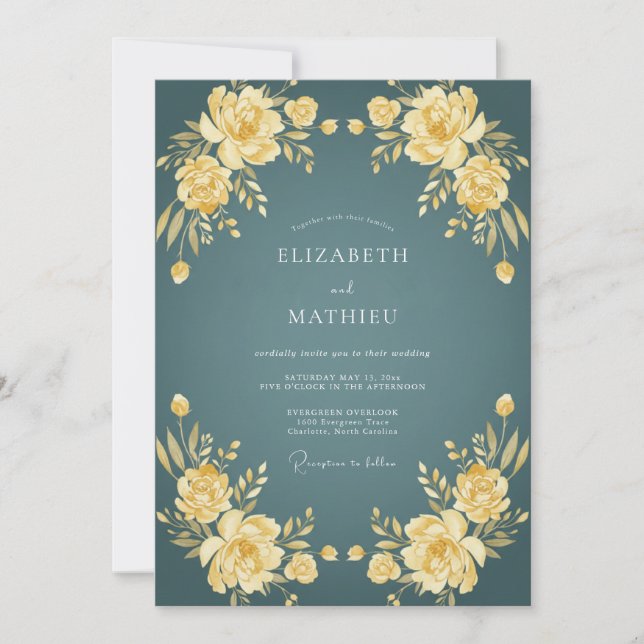 Teal Painterly Blossom Wedding Invitation (Front)