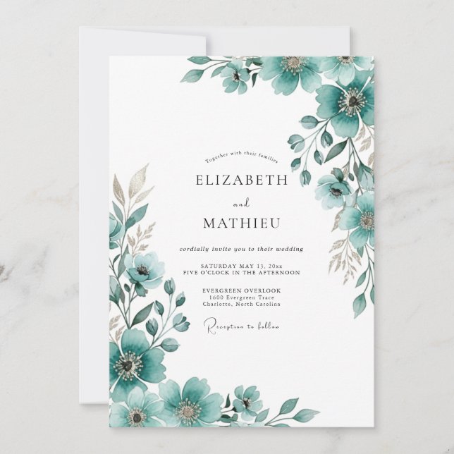 Teal Painterly Floral Flourish Wedding Invitation (Front)