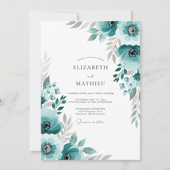 Teal Painterly Flourish Wedding Invitation (Front)