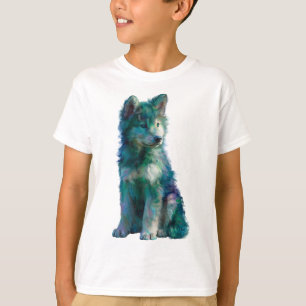 Teal Painterly Wolf Pup Kids T-Shirt