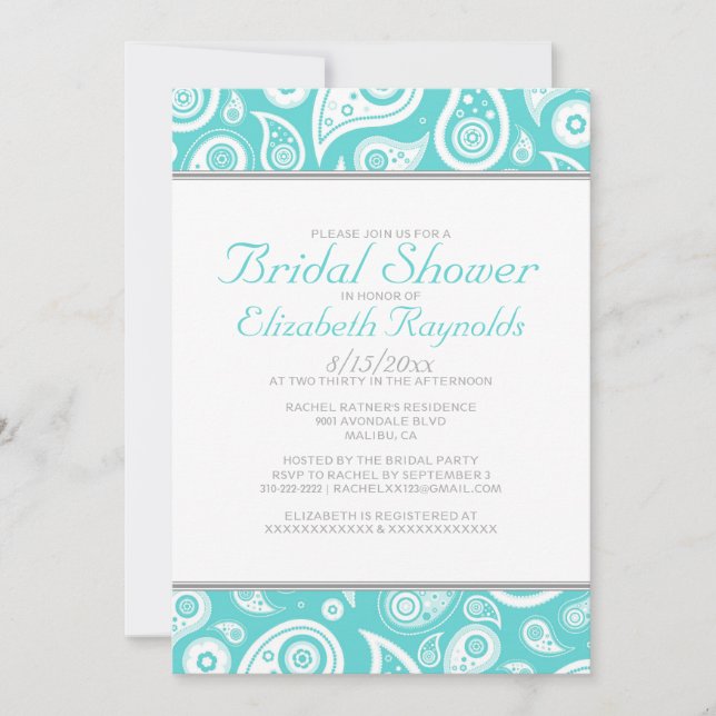 Teal Paisley Bridal Shower Invitations (Front)