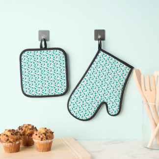 Teal Paisley Floral Pattern • Modern Boho Oven Mitt & Pot Holder Set