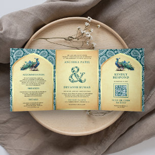 Teal Paisley Indian Peacock QR Code Wedding Tri-Fold Invitation