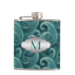 Teal Paisley Timeless Pattern Monogram Hip Flask