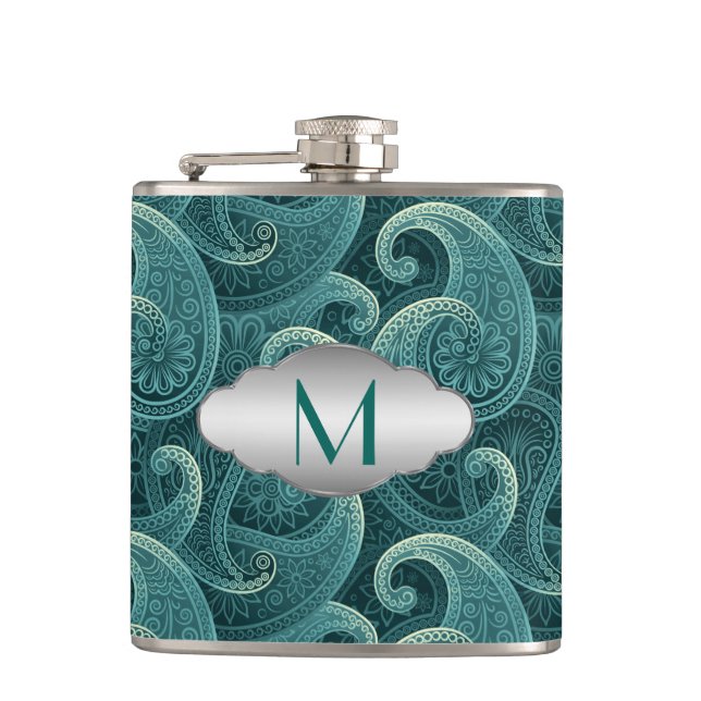 Teal Paisley Timeless Pattern Monogram Hip Flask (Front)