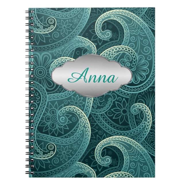 Teal Paisley Timeless Pattern Personalised Notebook (Front)