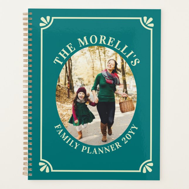 Teal & Pale Yellow Oval Photo Family Planner (Front)