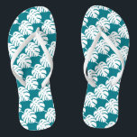Teal palm leaf print beach slippers or flip flops<br><div class="desc">Teal green palm leaf print beach slippers or flip flops. Trendy sandals with Monstera Deliciosa leaves pattern design. Tropical design for summer or exotic beach destination wedding or honeymoon in the Caribbean, Hawaii etc. Cute gift idea for women. Customisable background colour. Make your own for bride and groom, guests, friend...</div>