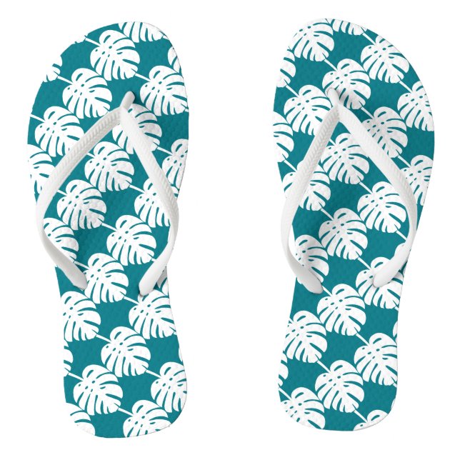 Teal palm leaf print beach slippers or flip flops (Footbed)