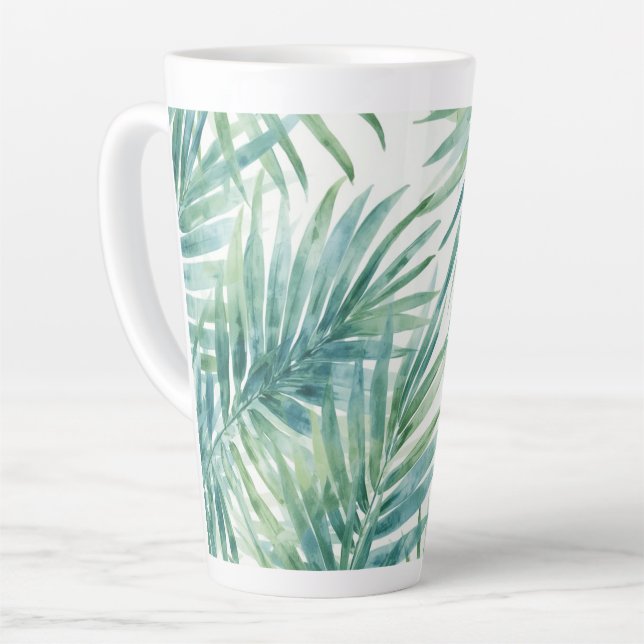 Teal Palm Leaves Latte Mug (Left Angle)
