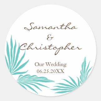 Teal palm leaves tropic wedding favour seal label
