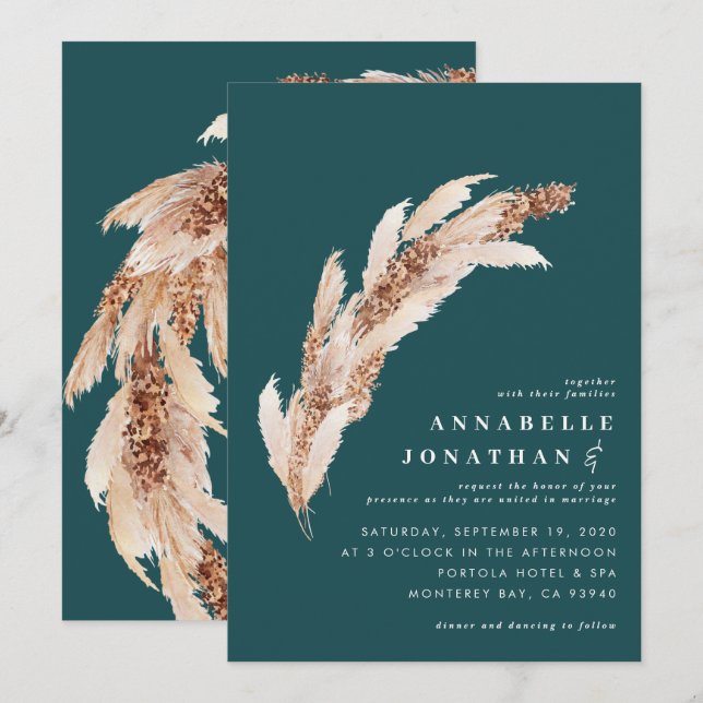 Teal pampas grass botanical elegant wedding (Front/Back)