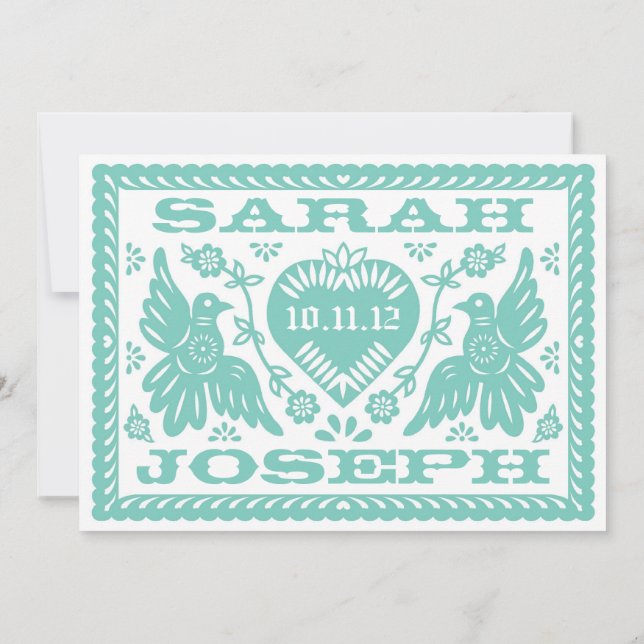 Teal Papel Picado Love Birds Invitation (Back)