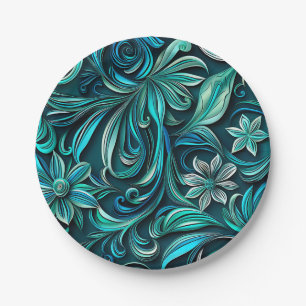 Teal paper flower seamless pattern plate