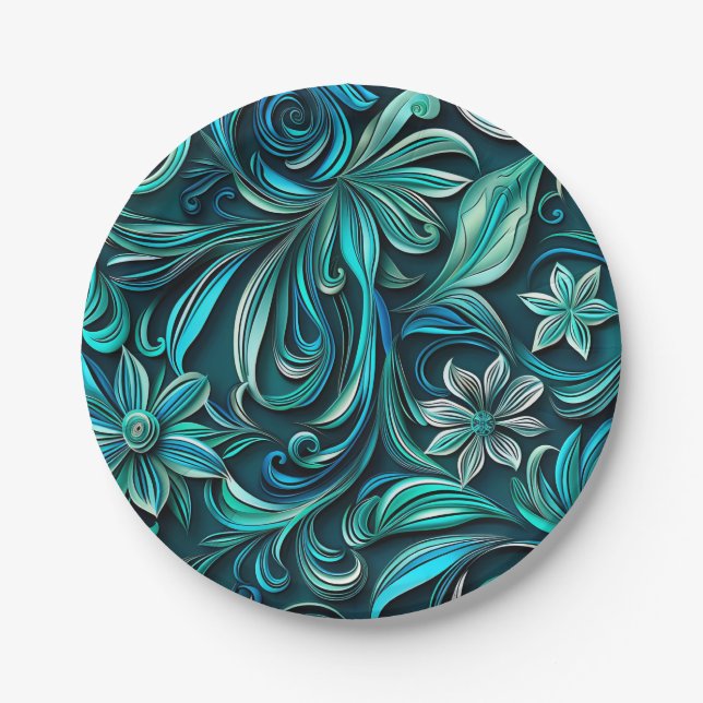 Teal paper flower seamless pattern  plate (Front)