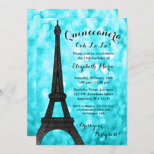 Teal Paris Bokeh Glitter Lights Quinceañera Invitation