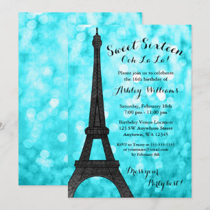 Teal Paris Bokeh Glitter Lights Sweet 16 Invitation
