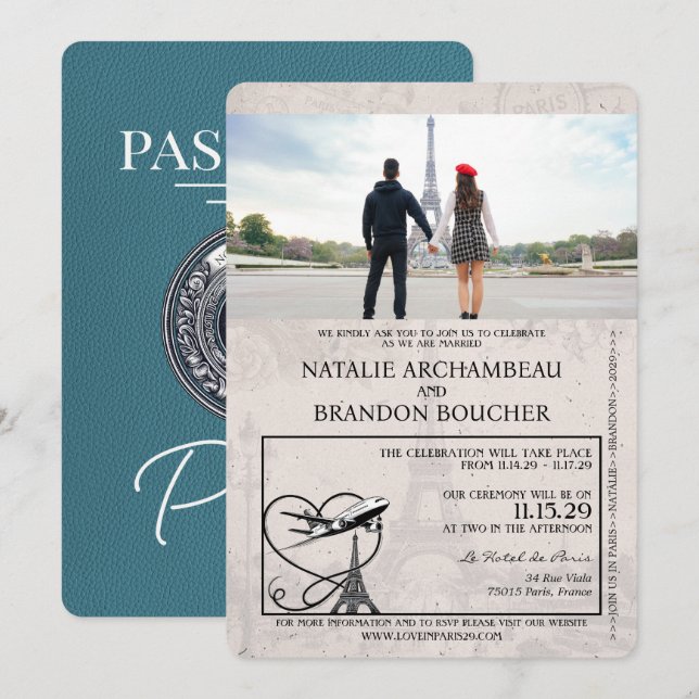 Teal Paris Passport Wedding Invitation (Front/Back)