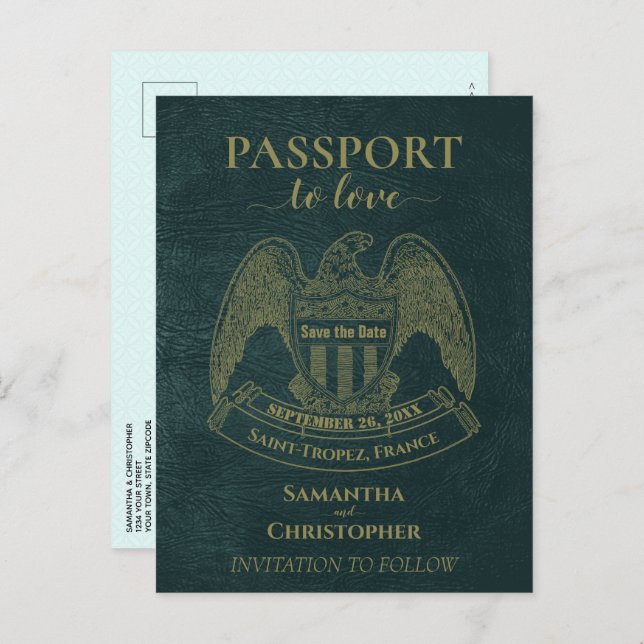 Teal Passport Cute Fun Wedding Save the Date Announcement Postcard (Front/Back)