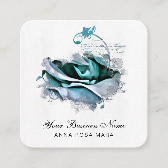 *~* Teal Pastel Logo QR Rose Floral Flower  Square Business Card (Front)