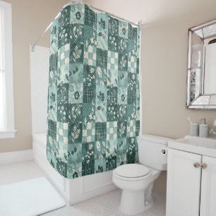 Teal Patchwork Quilt Rustic Floral Retro Shower Curtain