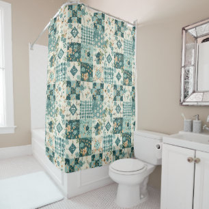 Teal Patchwork Quilt Rustic Floral Retro Shower Curtain
