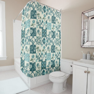 Teal Patchwork Quilt Rustic Floral Retro  Shower Curtain
