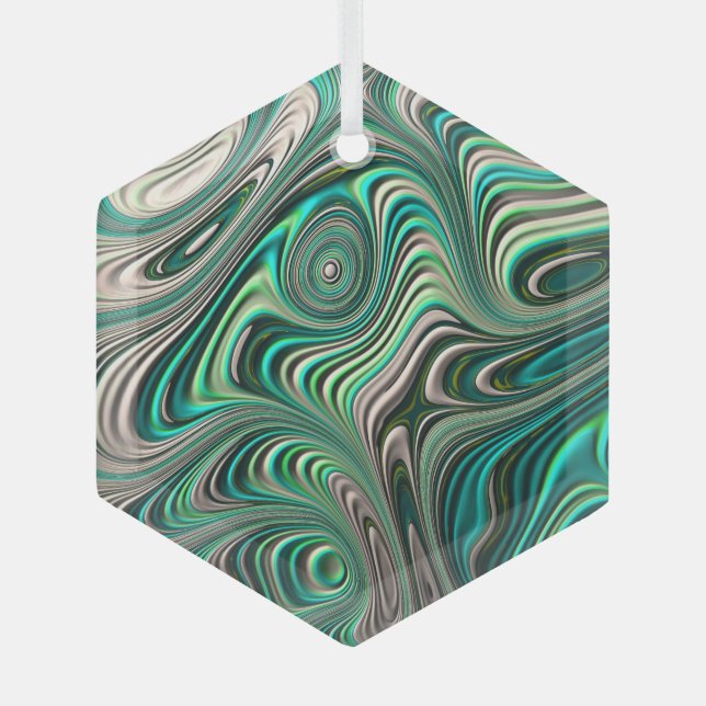 Teal Paua Abalone Shell Fractal Abstract Pattern Glass Tree Decoration (Front)