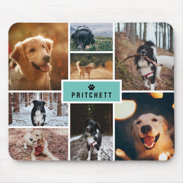 Teal Paw Dog Photo Collage & Monogram Mouse Mat (Front)
