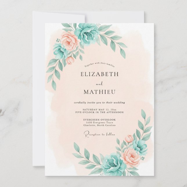 Teal Peach Botanical Romance Wedding Invitation (Front)