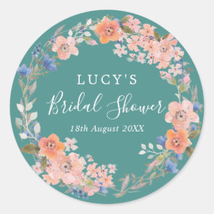 Teal & Peach Bridal Shower Floral Wreath Classic Round Sticker