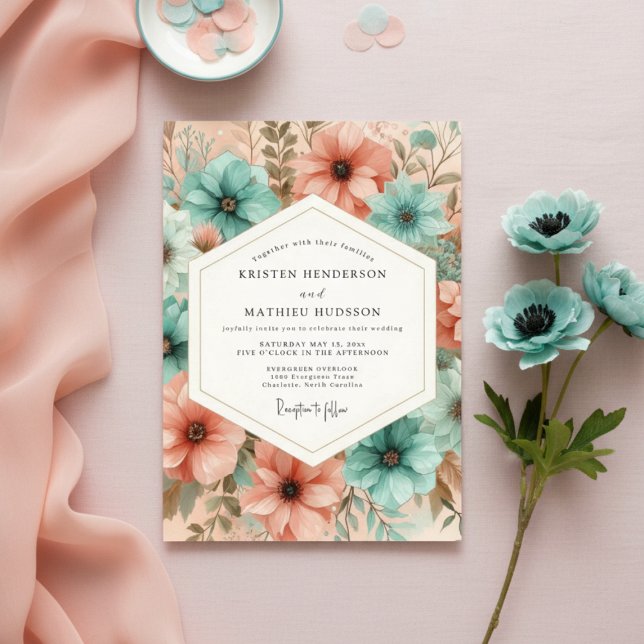 Teal Peach Floral Ethereal Wedding Invitation (Creator Uploaded)
