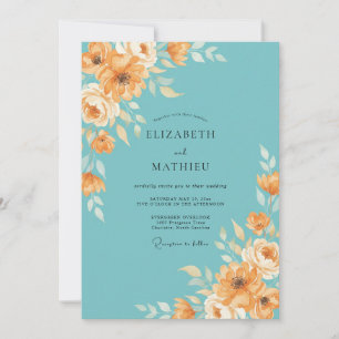 Teal Peach Floral Flourish Wedding Invitation