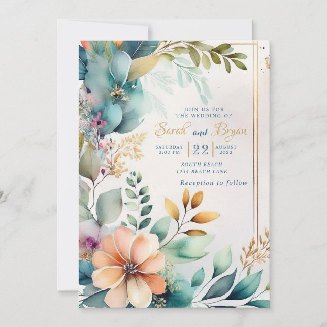 Teal Peach Floral Greenery Gold Wedding Invitation (Front)