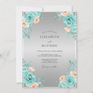 Teal Peach Floral Romance Wedding Invitation