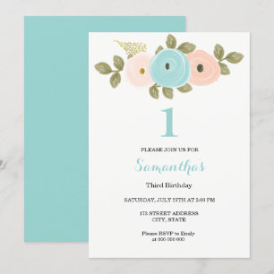 Teal Peach Flower Girl or boy 1st Birthday Party Invitation