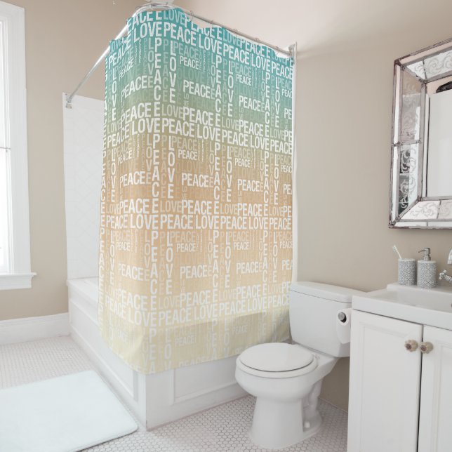 Teal Peach Gold White Peace Love       Shower Curtain (In Situ)