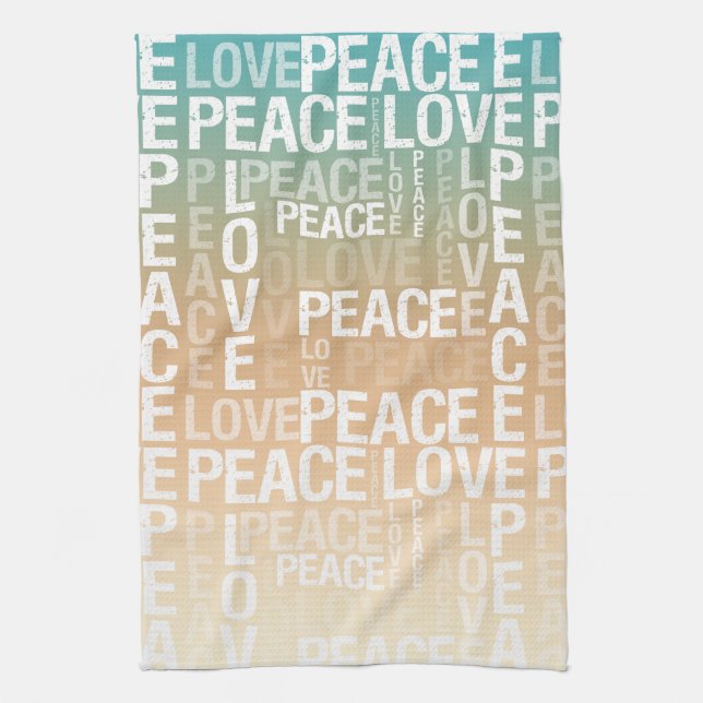 Teal Peach Gold White Peace Love        Tea Towel (Vertical)