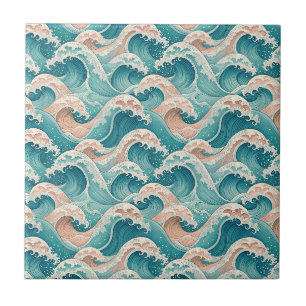 Teal & Peach Japanese Ocean Waves Seamless Pattern Tile