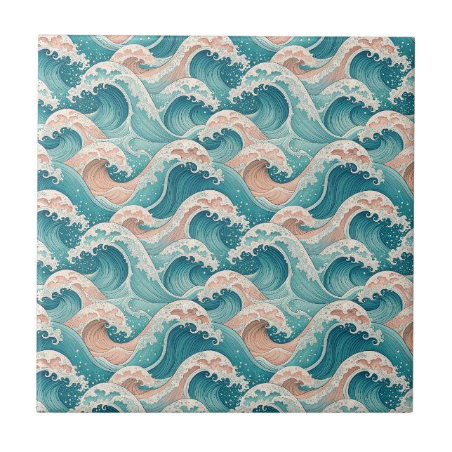 Teal & Peach Japanese Ocean Waves Seamless Pattern Tile (Front)