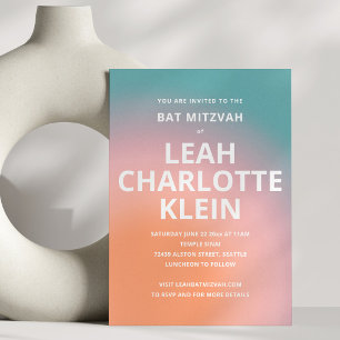 Teal Peach Ombre Gradient Bat Mitzvah Bold Name Invitation