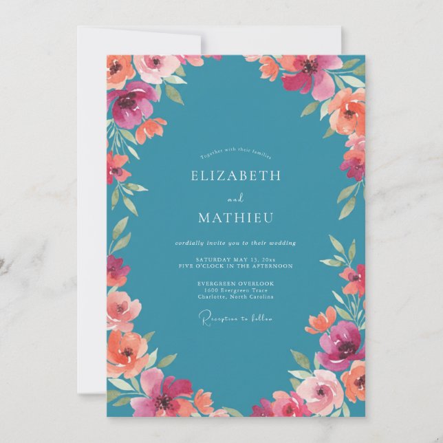 Teal Peach Ranunculus Eucalyptus Wedding Invitation (Front)