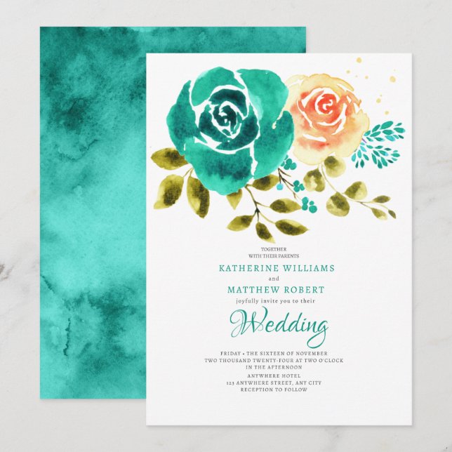 Teal Peach  Roses Floral Wedding  Invitation (Front/Back)
