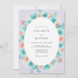 Teal Peach Succulent Eucalyptus Wedding Invitation